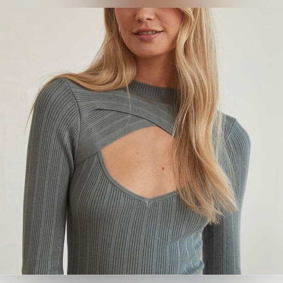 NEW RW&Co Long Sleeve Cutout Mock-Neck Blue Ribbed Stretch Knit Sweater Dress - Picture 4 of 8